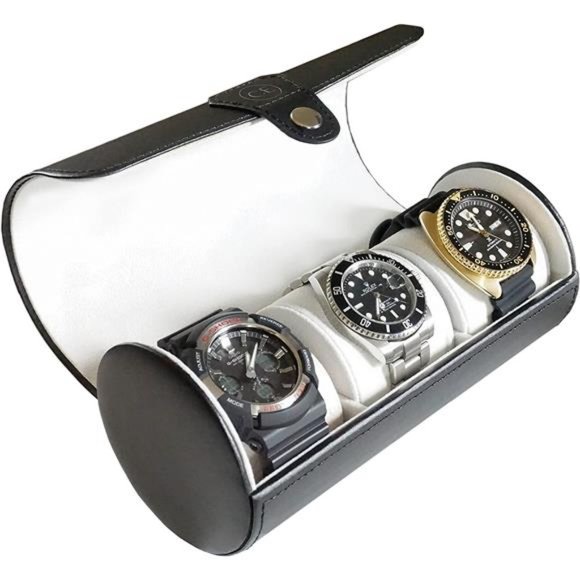 Vegan Leather Travel Watch Case Roll Organizer Classic Black